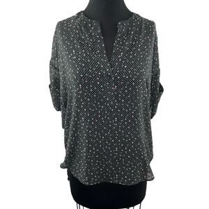 CABI Sheer Swiss Dot High Low Top Black White Short Sleeve Split Neck Size S